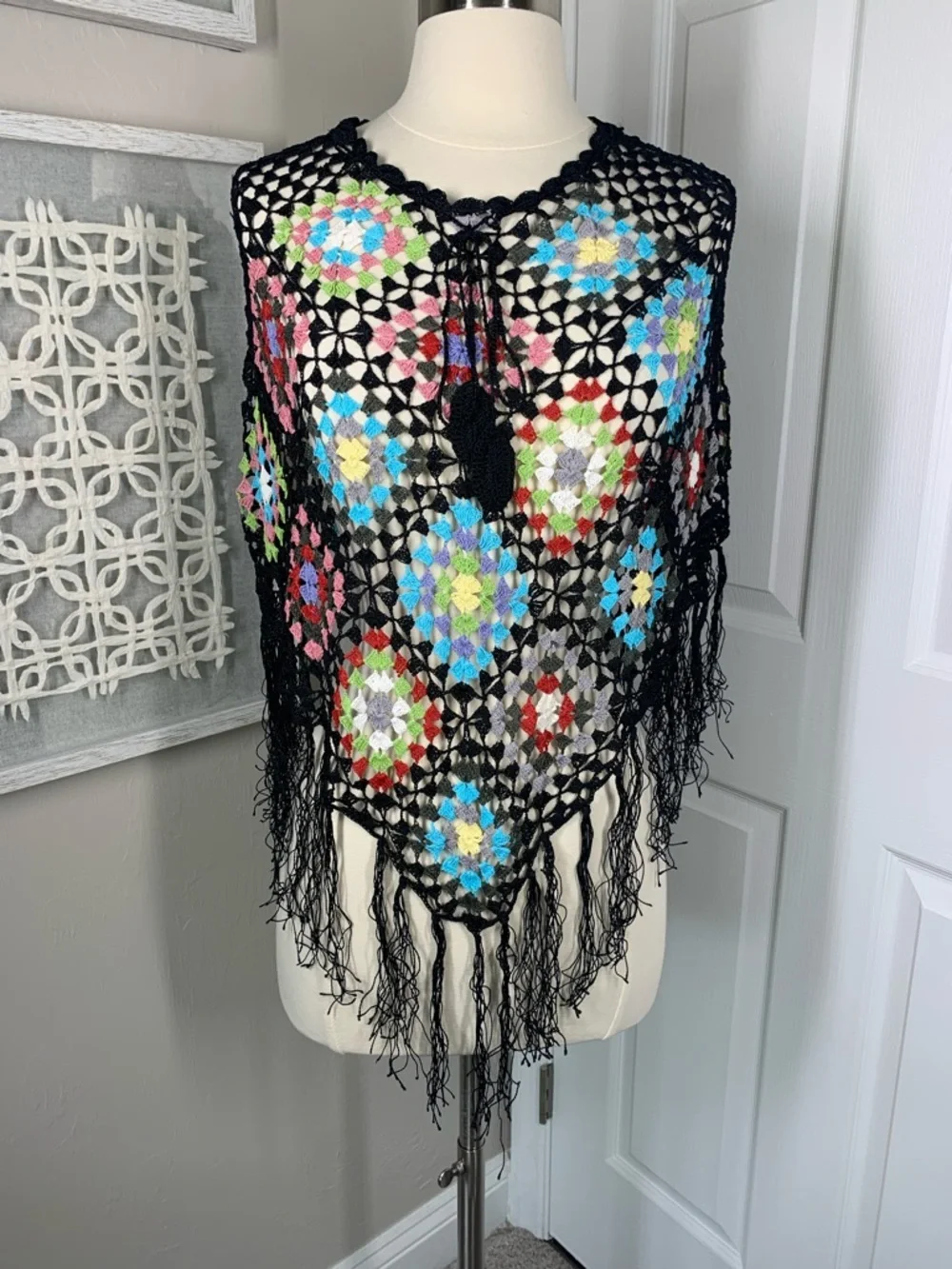 Say What? Colorful crochet shoulder topper/ shrug with fringe